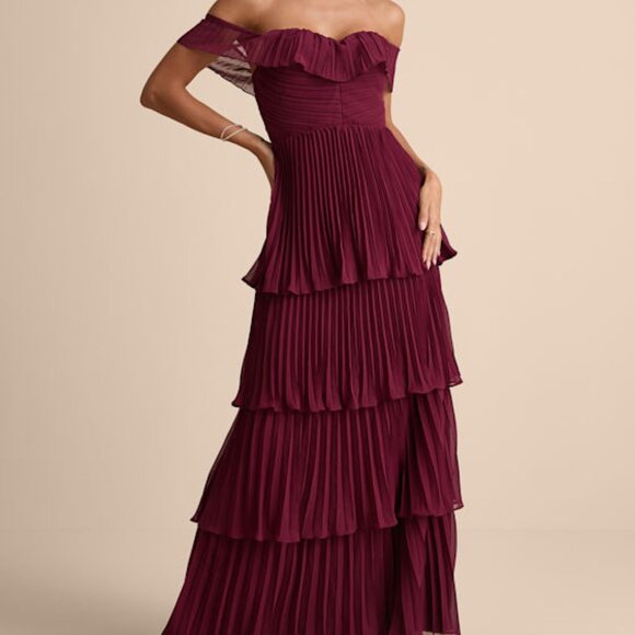 Lulus Always Remarkable Burgundy Pleated Off-the-shoulder Maxi Dress Red - Picture 1 of 1